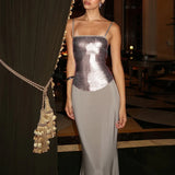 MQTIME  -  Sexy Spaghetti Strap Hollow Out Sequins Evening Dress Elegant Lady Fit Spliced Banquet Dress Temperament Luxury Sleeveless Dress