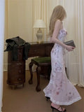 MQTIME  -  Sexy Pink Floral Printing Strap Mermaid Maxi Dress Women Lace Trim Summer V Neck Bow Slim Romantic Vacation Bag Hip Long Dress
