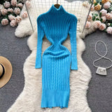 MQTIME  -  Fall/Winter 2025 Women's Sexy High Neck Long Sleeve Midi Fit Hip Knitted Dress