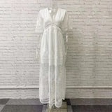 MQTIME  -  Summer Lace Maxi Dress V Neck Short Sleeve Embroidery Elegant Vestidos Vacation White Floor Length Dress Party Robes