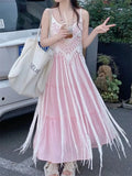 MQTIME  -  Two-piece Suit Women's Pink Gentle Suspender Dress Women's Summer New Vacation Style Seaside Fringed Blouse