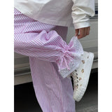 MQTIME  -  Women's Striped Wide Leg Pants Lace Trim Cuff Elastic Waist Drawstring Casual Loose Long Trousers Summer Boho Cute Pants