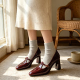 MQTIME  -  Retro Burgundy Chunky-Heel Women's Pumps and Heels T-Strap Buckle Design Pointed-Toe Mary Jane Shoes Elegant Party Designer Shoe