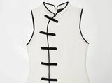 MQTIME  -  Women White Sleeveless Mini Cheongsam Dress Mandarin Collar Chinese Frog Knot Button A Line Dresses Lady Fashion Party Robe