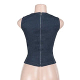 MQTIME  -  Casual Denim Crop Top Women Slim Hollow Out O-neck Vest Female Sleeveless Summer Stylish Tops Lady High Street Cool Club Party