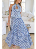 MQTIME  -  Women Elegant Floral Print Ruffles Dress Sets Chic Halter Backless Crop Tops+Skirt 2 Piece Sets Holiday Party Women Outfits 2025