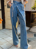 MQTIME  -  Women Vintage Korean Jeans Long Pants Spring Summer High Waisted Diagonal Buckle Loose Straight Leg Pants Baggy Casual Trousers