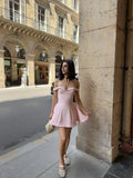 MQTIME  -  Elegant Solid Color Off-shoulder Mini Dress Women Fashion One Shoulder Pleated Short Dresses Summer New Daily Dating Gowns