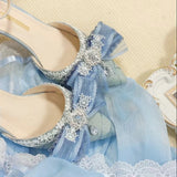 MQTIME  -  Women's Pointed Toe Stiletto Heels Silver Blue Glitter Lolita Shoes Handmade Lace Bow Party Dress Pumps