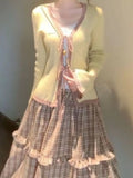  MQTIME  -  French-style Vintage 2 Piece Set Faux Two-piece Knitted Cardigan + Plaid High-waist Skirt Women New Winter Fashion Outfits
