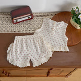 MQTIME  -  Summer girls' bow print sleeveless top and shorts set, baby's fresh and delicate lace full print 2-piece set