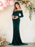  MQTIME  -  Velvet Maternity Off Shoulder Trailing Fitted Gown Maxi Photography Dress for Baby Shower Photo Props Dress