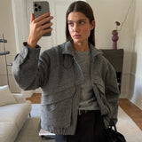 MQTIME  -  Women's Autumn Grey Zipper Outwear Jackets Solid Loose Patchwork High Waist Cropped Top Coat Streetwear Chic Casual Lady Tops