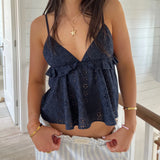  MQTIME  -  y2k Women Ruffle Tops Summer Clothes Solid Color V Neck Hollowed Flower Spaghetti Strap Backless Camisole Streetwear