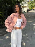 MQTIME  -  Pink Stand Collar Suede Bomber Jacket Women's Long Sleeve Pocket Zipper Coats 2025 Autumn New Lady Casual Motorcycle Outerwear