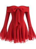 MQTIME  -  Sexy Long Flare Sleeve Lace-up Bow A-line Dress Women Black Red Off Shoulder Backless Pleated Mini Dresses Evening Party Clubwea