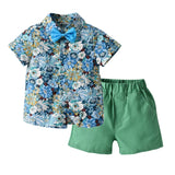 MQTIME  -  Boy's Summer Suit Printed Flower Short-sleeved Shirt and Strap Shorts with Bow Tie Pure Cotton 2-8 Years-old Boy 70-130cm