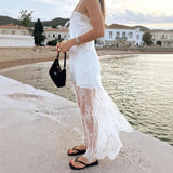 MQTIME  -  Elegant White Off Shoulder Slim Maxi Dress Women Sexy Mesh Patchwork Slim Long Dresses Summer Fashion Street Style Lady Vestidos