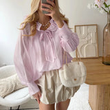  MQTIME  -  Lotus Leaf Collar Lace-up Women's Shirt Spring New Temperament Fashion Versatile Long-sleeved Top