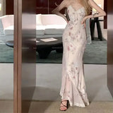 MQTIME  -  Sexy Pink Floral Printing Strap Mermaid Maxi Dress Women Lace Trim Summer V Neck Bow Slim Romantic Vacation Bag Hip Long Dress