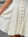 MQTIME  -  Women Solid Polka Dot Mini Dress Deep V Neck Puff Sleeve Pleated Front Button A-line Short Dresses Elegant Party Lady Gown