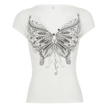  MQTIME  -  Streetwear Casual Butterfly Print V Neck Short Sleeve Slim Knitted All Match T-shirts