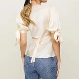 MQTIME  -  Women Summer Elegant Satin Silk Tops Lace Patchwork Adjustable Ribbon Tied Short Puff Sleeves Sweatheart Neck Blouse