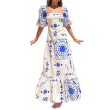 MQTIME  -  Summer Dress Elegant Women Flower Printed Maxi Dress High Waisted Short Sleeve Square Collar Summer Fashion Holiday Dresses