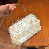  MQTIME  -  Elegant Shell Sequined Clutch Bag, Gold Handle Purse With Metal Flower Frame, Women Clamp Design Handbag For Wedding Party Gift