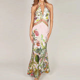 MQTIME  -  Sexy Hollow Out Sleeveless Evening Dress Elegant Backless Women Suspender Dress French Style Floral Printed Deep V Halter Dress