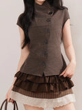  MQTIME  -  Vintage Preppy Stand Neck Short Sleeve Single Breasted Plaid Y2k Women Shirt