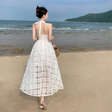 MQTIME  -  New Fairy White Holiday Dress Temperament Flower Hanging Strap Neck Dress Sexy Beach Vacation Long Dress Vestidos Femininos