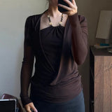 MQTIME  -  Y2K Grunge Solid Long Sleeve Fake Two T-shirts Vintage Fashion Beads Halter Pullover Tops 90s Women Basic Street T-shirt