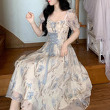 MQTIME  -  Women Ruffles Casual Korean Fairy Dress Female Summer Lace-up Vacation Party Dress Elegant Vintage Floral Midi Dress