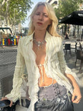 MQTIME  -  Hollow Sexy Cardigan For Women's 2024 Winter New Lapel Patchwork Lace Up Long Sleeve Tshirts Beach Party Clubwear Women