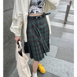 Mqtime Vintage Y2K Contrast Color Plaid Loose Knee-length Skirt Women 2024 Spring New Korean High Waist Casual Pleated A-line Skirt