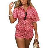 MQTIME  -  Summer New Sweet Style Red and White Plaid Short Sleeve Shirt Collar Shorts Set