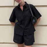 MQTIME  -  Fashion Lace Hollow Out Women Two Piece Sets Casual Lapel Button Shirt and Shorts Suit Elegant Solid Color Pockets Summer Outfit