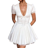MQTIME  -  Summer New French V-neck Women Short Sleeved Dress Elegant Charm Female Evening Dresses