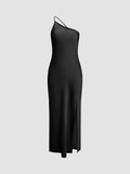 MQTIME  -  Women's Solid Color Satin Dress One-shoulder Asymmetrical Backless Sexy Evening Dresses Side-slit Party Gowns
