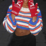  MQTIME  -  Fall Winter Striped Loose Knitted Pullover Sweaters Women Color Patchwork O Neck Long Sleeve Casual Jumpers Crop Tops