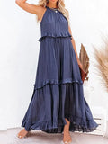 MQTIME  -  Women Boho Solid Color Dress Sleeveless Ruffled Maxi Vestidos Loose Fit Straight Hippie Dresses Layered Princess Robe