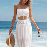 MQTIME  -  Simple Solid Bikini Cover Up Outfit Summer Beach Exposed Navel Women's Two Piece Sexy Strapless Top with Long Skirt Holiday Suit