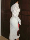  MQTIME  -  Sexy V-neck Long Sleeve Lace Patchwork Dress Women Elegant Double-layer Stretchy Party Club Evening Dress Wedding Outfit