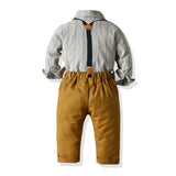 MQTIME  -  Autumn Boy Outfit Striped Long Sleeve Shirt with Solid Pants Strap Set Children 1 2 3 4 5 6 7Y Kid Birthday Costume Clothes Suit