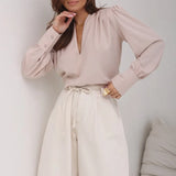 MQTIME  -  Spring Summer Women V-Neck Loose Blouses, Elegant Solid Patchwork Long Sleeve Tops, Simple Fashion Chic Ladies Shirts Streetwear