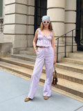 MQTIME  -  Striped Lace Up Women Trouser Suits Sleeveless Backless Ruffles Strap Crop Top High Waist Pants 2024 Summer New Chic Lady Sets