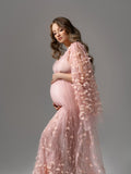 MQTIME  -  Blush Pink Maternity Dress with 3D Flower Embroidery, Boho One Shoulder Gown for Pregnancy Photoshoot Baby Shower Maternity Gown