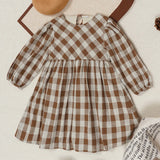  MQTIME  -  Retro Cotton And Linen Long-Sleeved Plaid Dress Girls 2026 Spring New Chic Back Lace-up Loose Pleated Children's Dresses