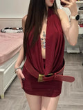 MQTIME  -  Women Halter Neck Ruched Mini Dress Sleeveless Deep V-neck Cowl Neck Waist Belt Bodycon Dresses Lady Evening Party Gowns